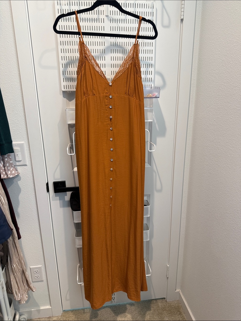 lovestitch Rust Lace-Trim Button-Front Maxi Slip Dress